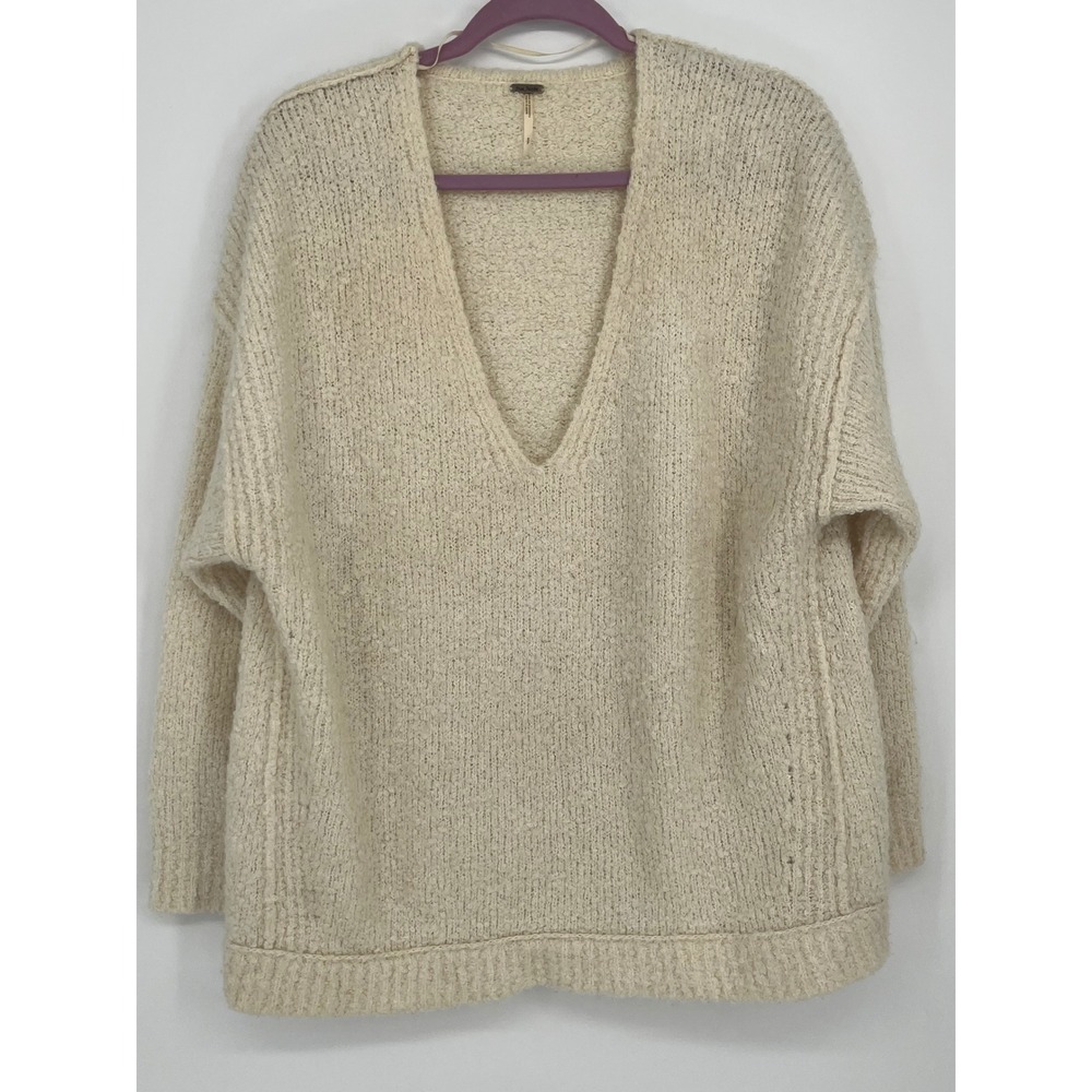Free People Alpaca Blend Oversized VNeck Chunky Knit Sweater Women S Cream Boho